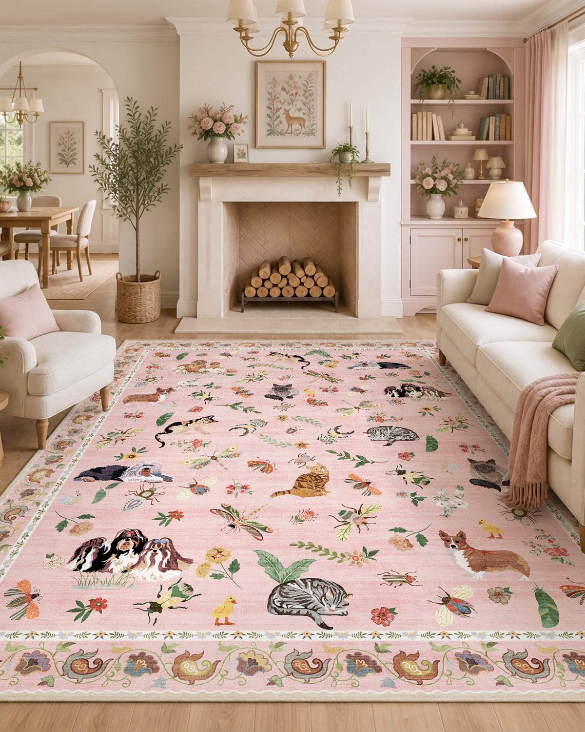 A pink soft kids area rug with cute animal and floral patterns brings playful comfort to a cozy living room, creating a cheerful child-friendly space with cream sofas, a fireplace, and sweet nursery-inspired decor.