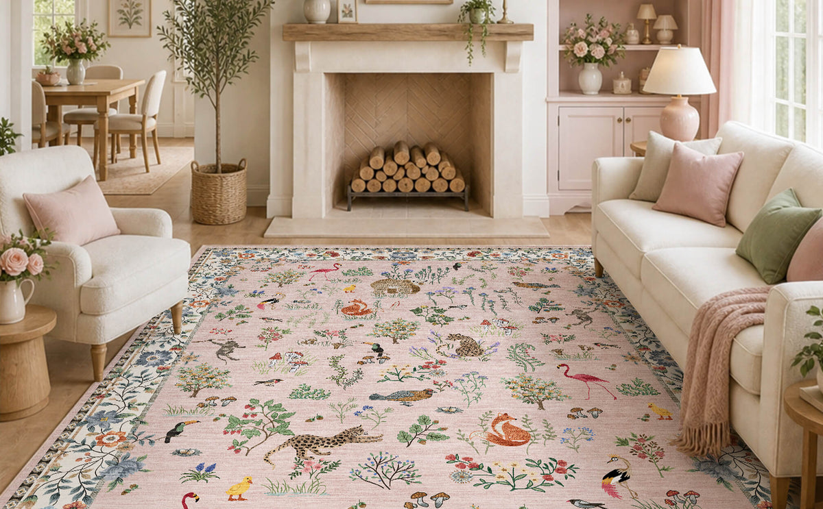 A pink soft kids area rug with cute forest animals, birds, flamingos, mushrooms, and floral border details adds gentle comfort to a bright fireplace living room with cream seating, pastel accents, and warm child-friendly decor.