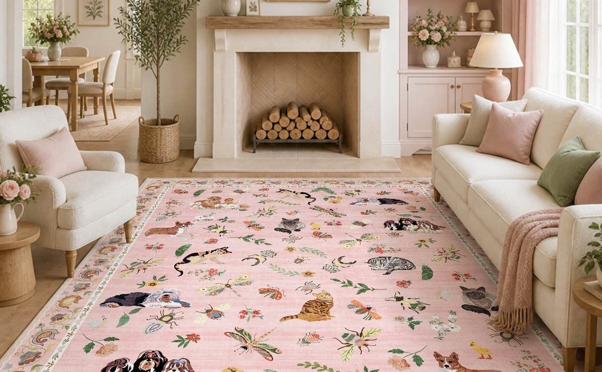 A pink soft kids area rug with cute animal and garden-inspired patterns adds playful comfort to a bright family living room with cream seating, pastel accents, a fireplace, and cheerful child-friendly decor.