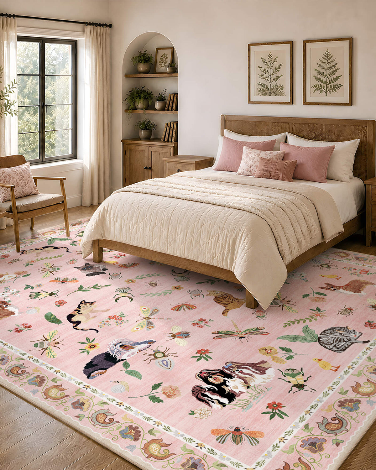 A pink soft kids bedroom rug with cute animal and floral patterns adds playful comfort to a child-friendly bedroom with cozy bedding, warm wood furniture, and cheerful nursery-inspired decor.