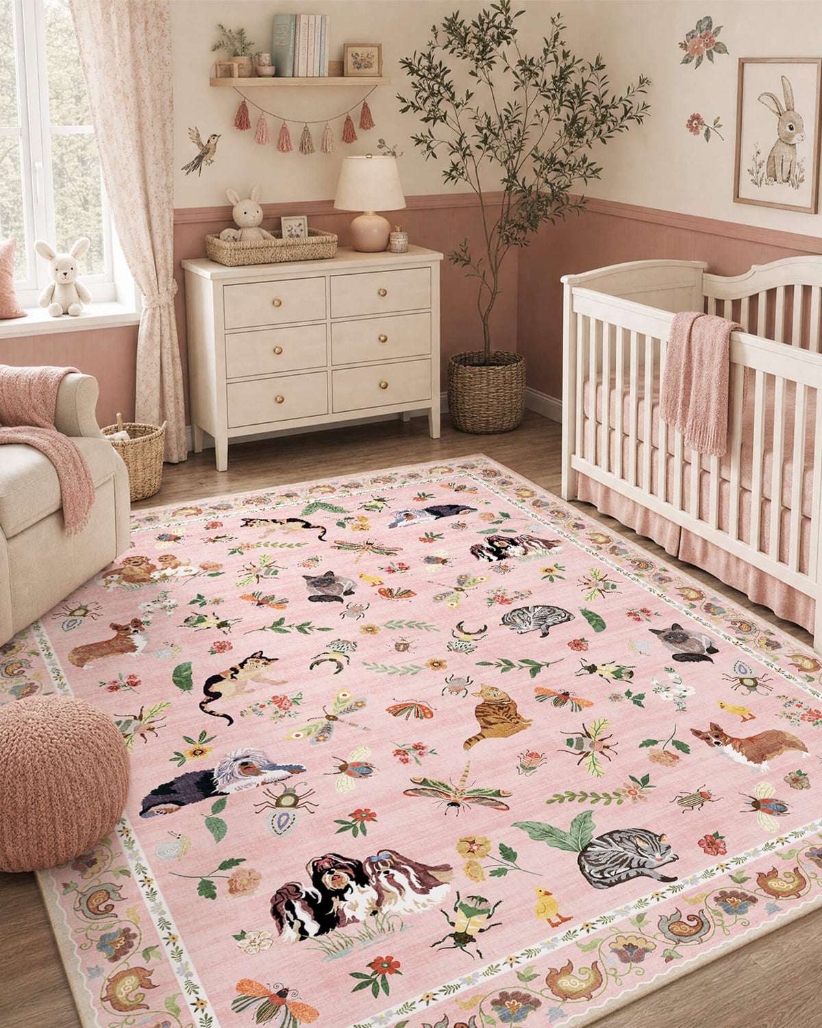 A pink soft kids nursery rug with cute animal and floral patterns creates a sweet, comfortable play space for a baby room with a crib, dresser, bunny wall art, and gentle child-friendly decor.