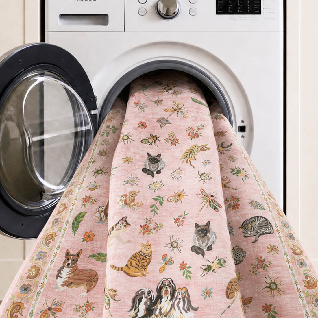 A pink soft kids rug is shown in a washing machine, featuring a cute animal and floral pattern, gentle comfortable texture, and easy-care design for nurseries, playrooms, and children’s bedrooms.