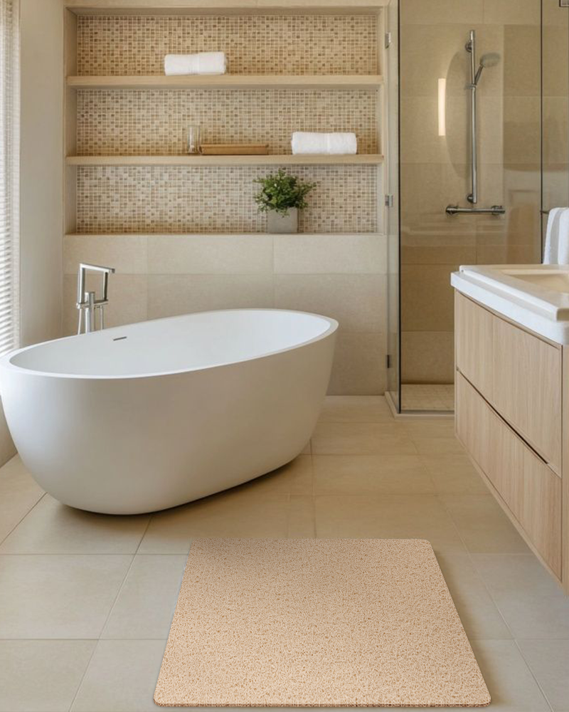 Soft PVC loofah bath mat, quick-dry, non-slip and comfortable for barefoot use.