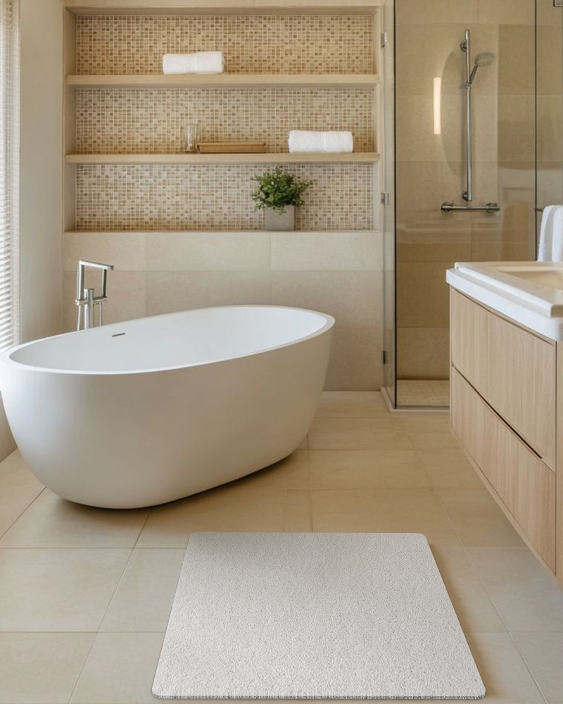 Soft textured PVC loofah bath mat, non-slip and quick-drying for wet areas.