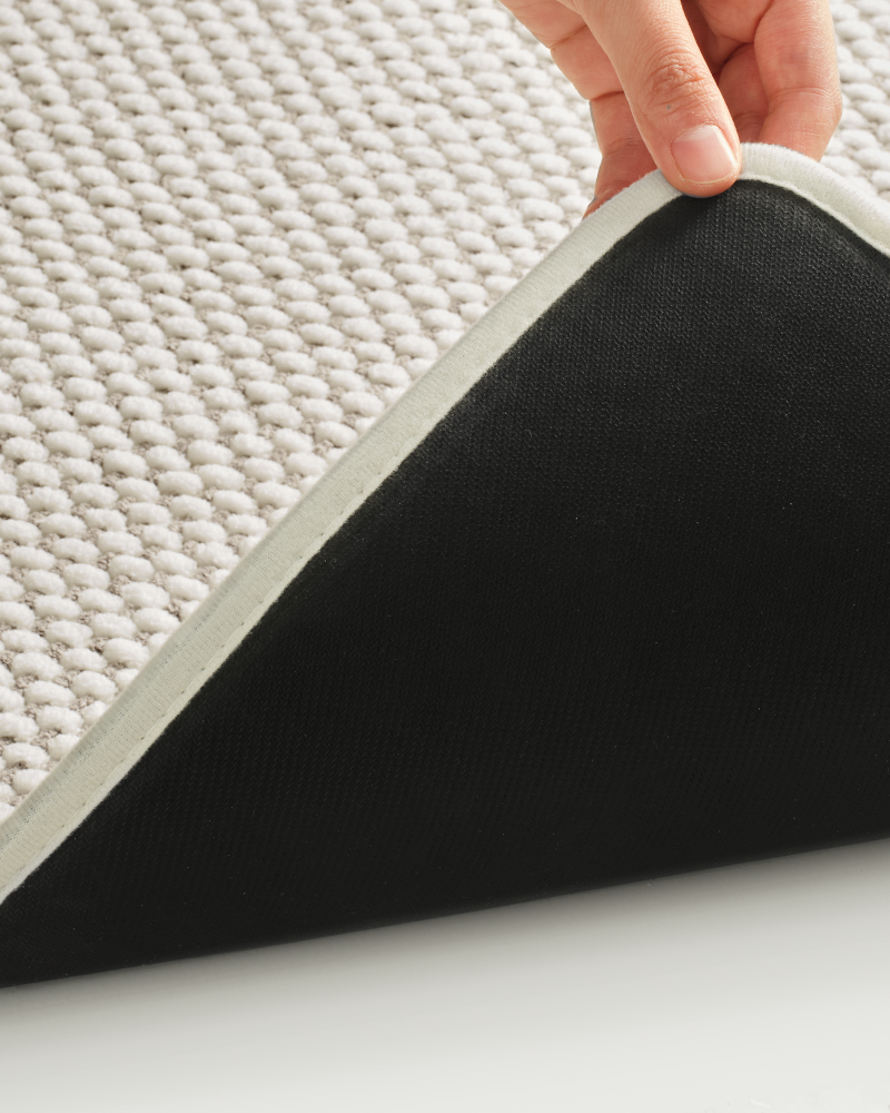 Chenille bath mat with rubber backing, non-slip and washable, suitable for front of sink or bathtub.