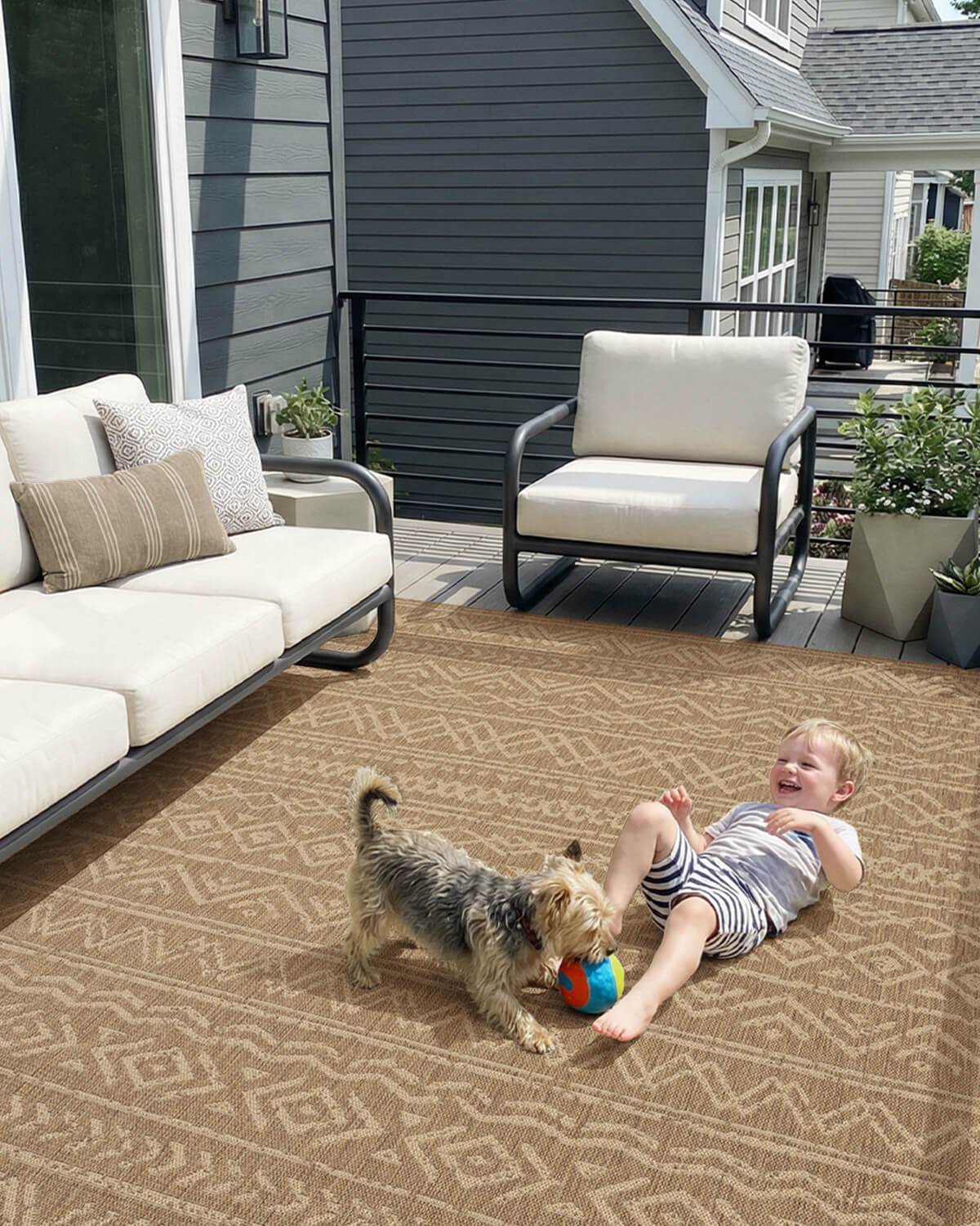 Quick dry indoor outdoor rug perfect for outdoor furniture areas and busy home traffic with easy care performance