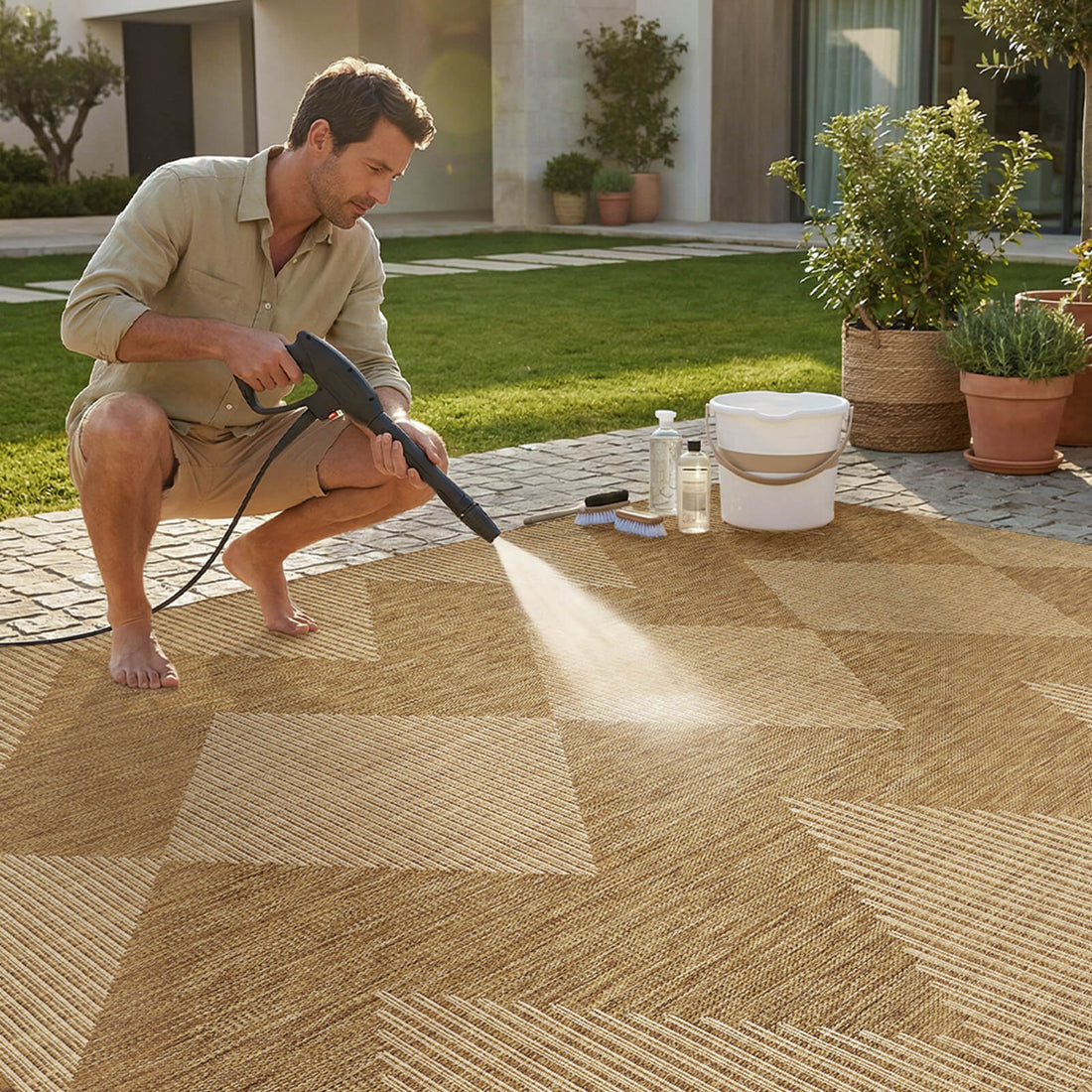 Textured indoor outdoor area rug enhancing modern indoor and outdoor spaces