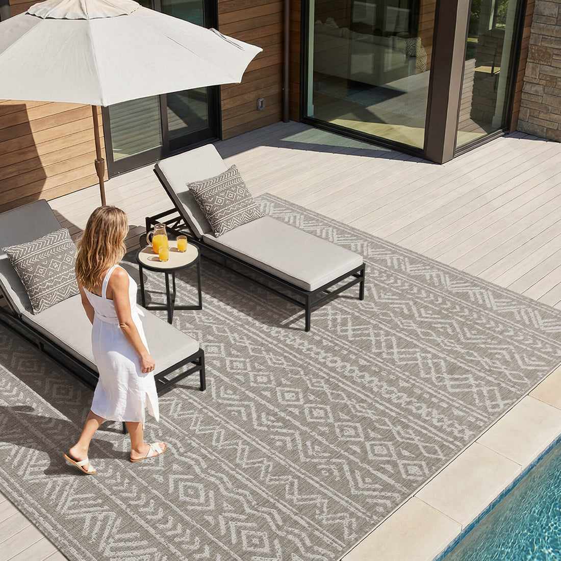 Quick dry indoor outdoor rug with textured surface designed for easy care and long lasting daily use