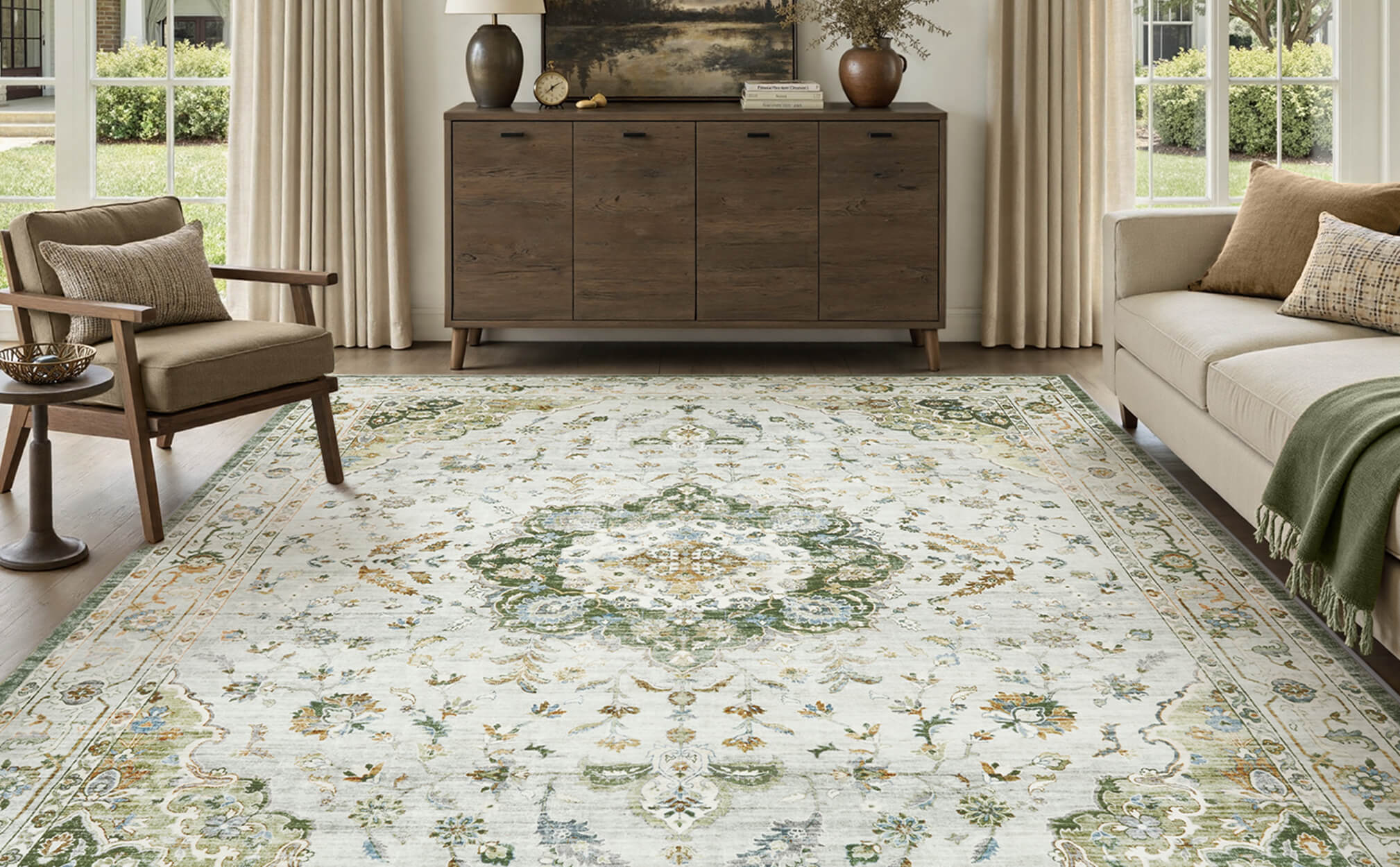 Non-slip floral vintage rug improving safety in homes with kids and pets