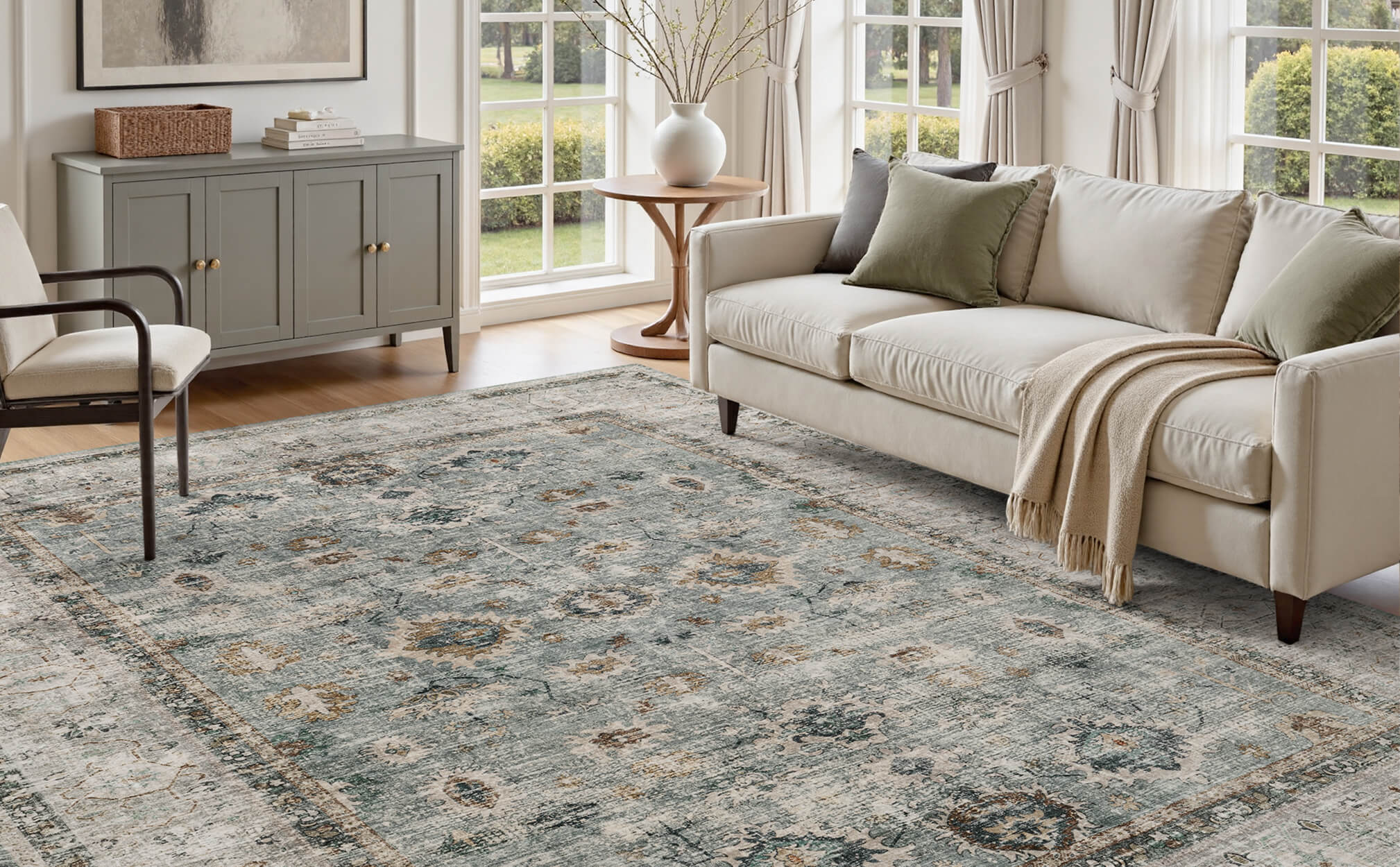 Botanical vintage washable home rug designed for easy care