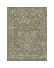 A sage green vintage washable area rug features a faded ornamental pattern, classic border design, and soft low-pile texture for timeless living room, bedroom, and dining room decor.