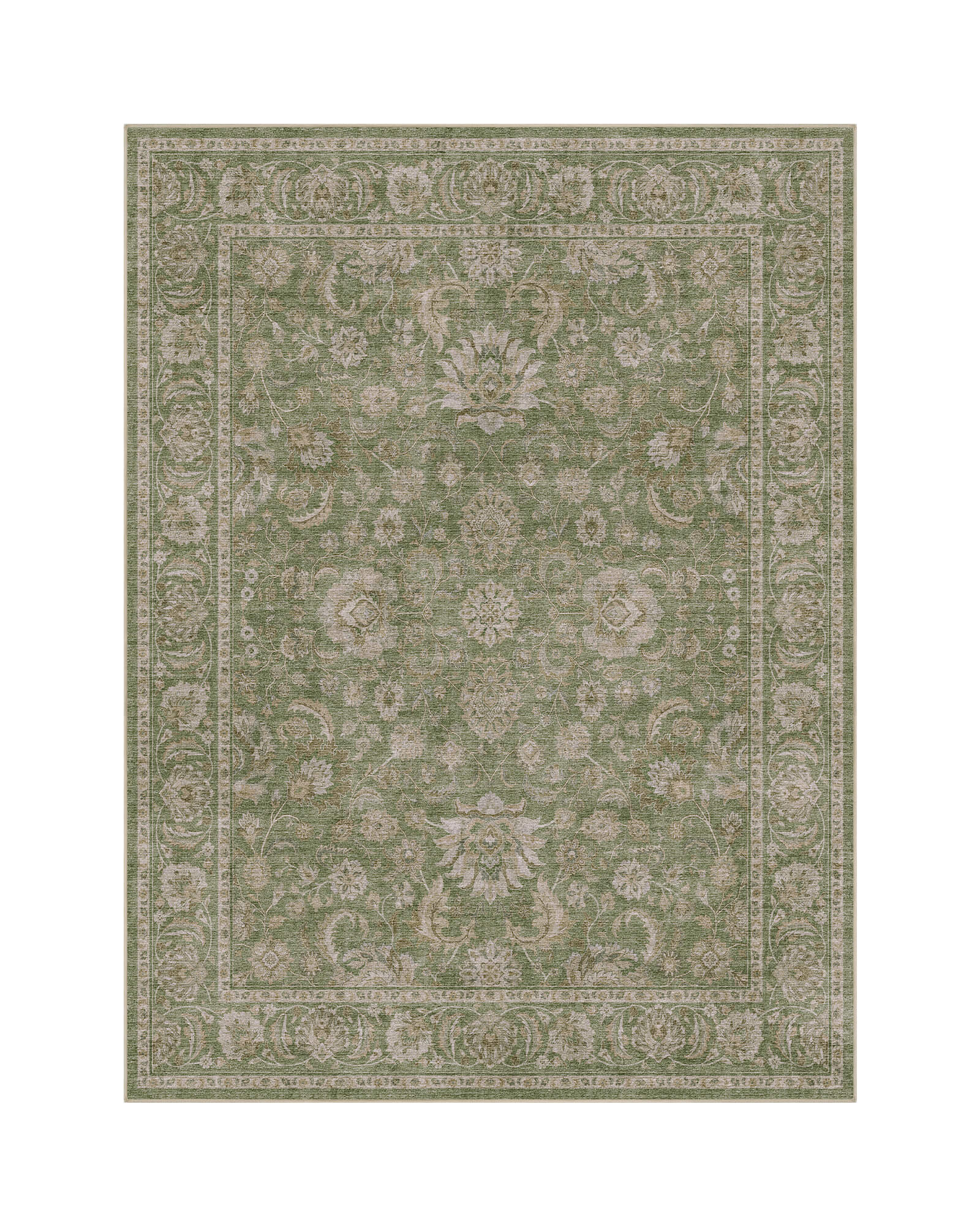 A sage green vintage washable area rug features a faded ornamental pattern, classic border design, and soft low-pile texture for timeless living room, bedroom, and dining room decor.