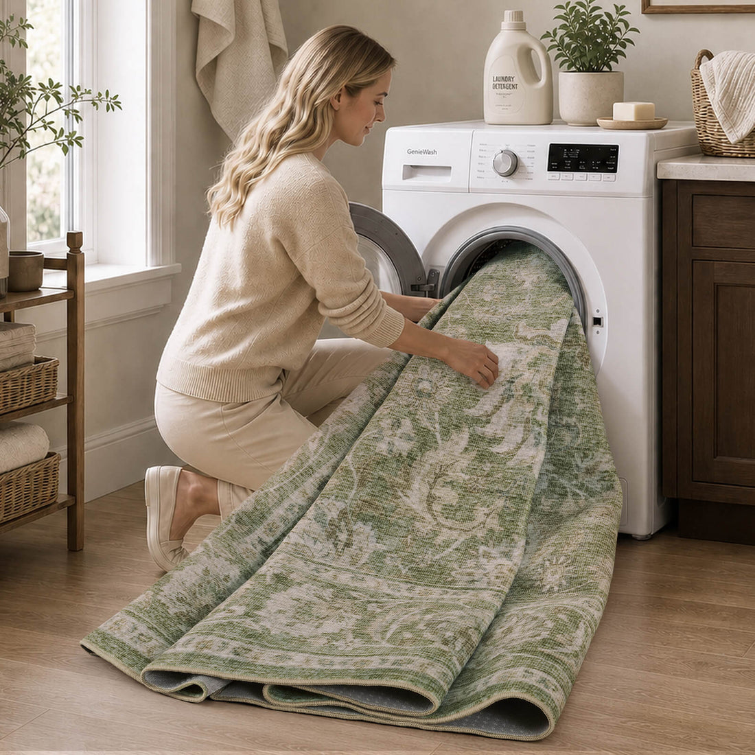 A sage green vintage washable area rug is shown in a laundry room, highlighting its machine washable design, faded ornamental pattern, soft low-pile texture, and easy-care convenience for everyday homes.