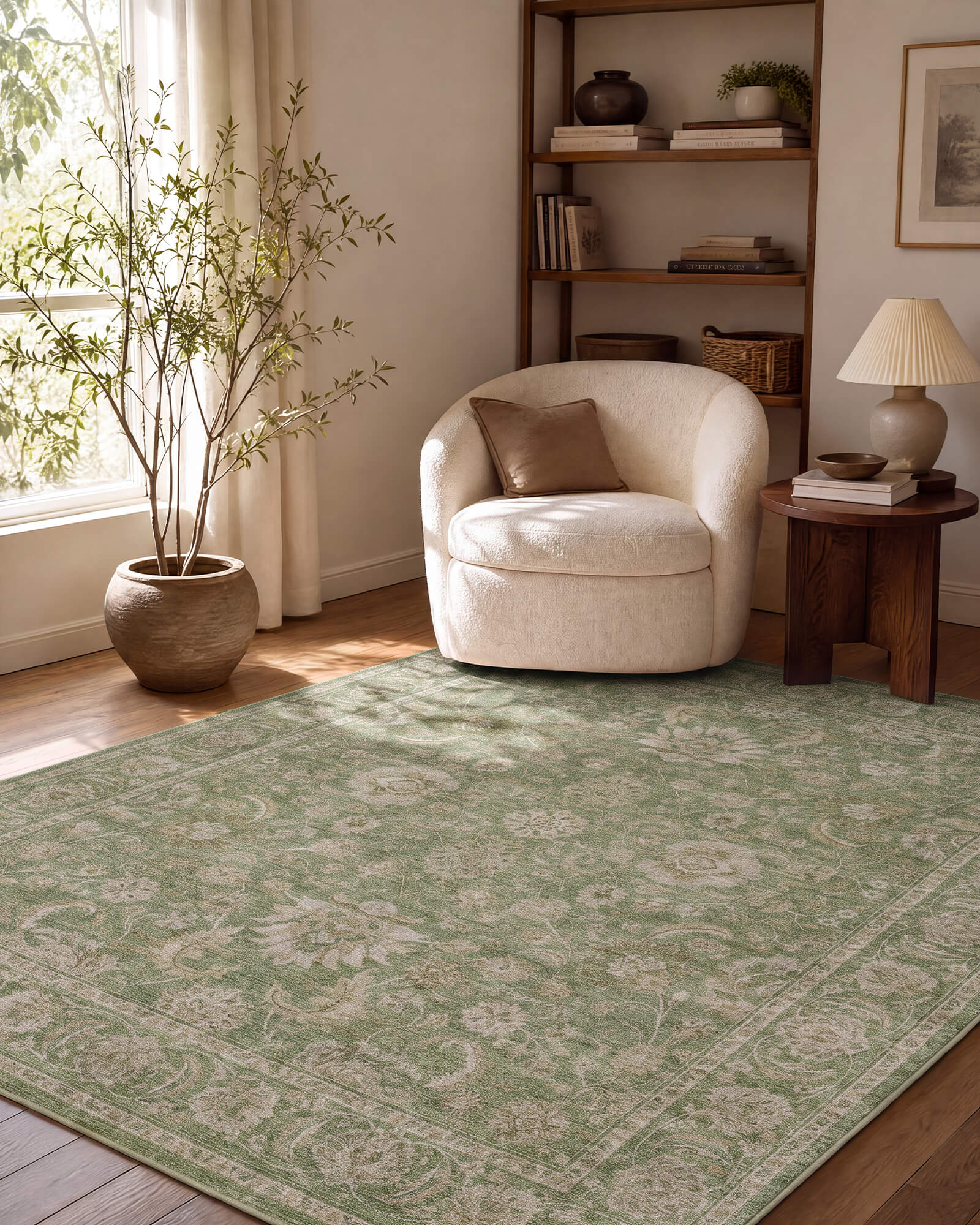 A sage green vintage washable area rug with a soft distressed ornamental pattern creates a peaceful reading corner with a cream accent chair, wood side table, bookshelf, and warm natural sunlight.