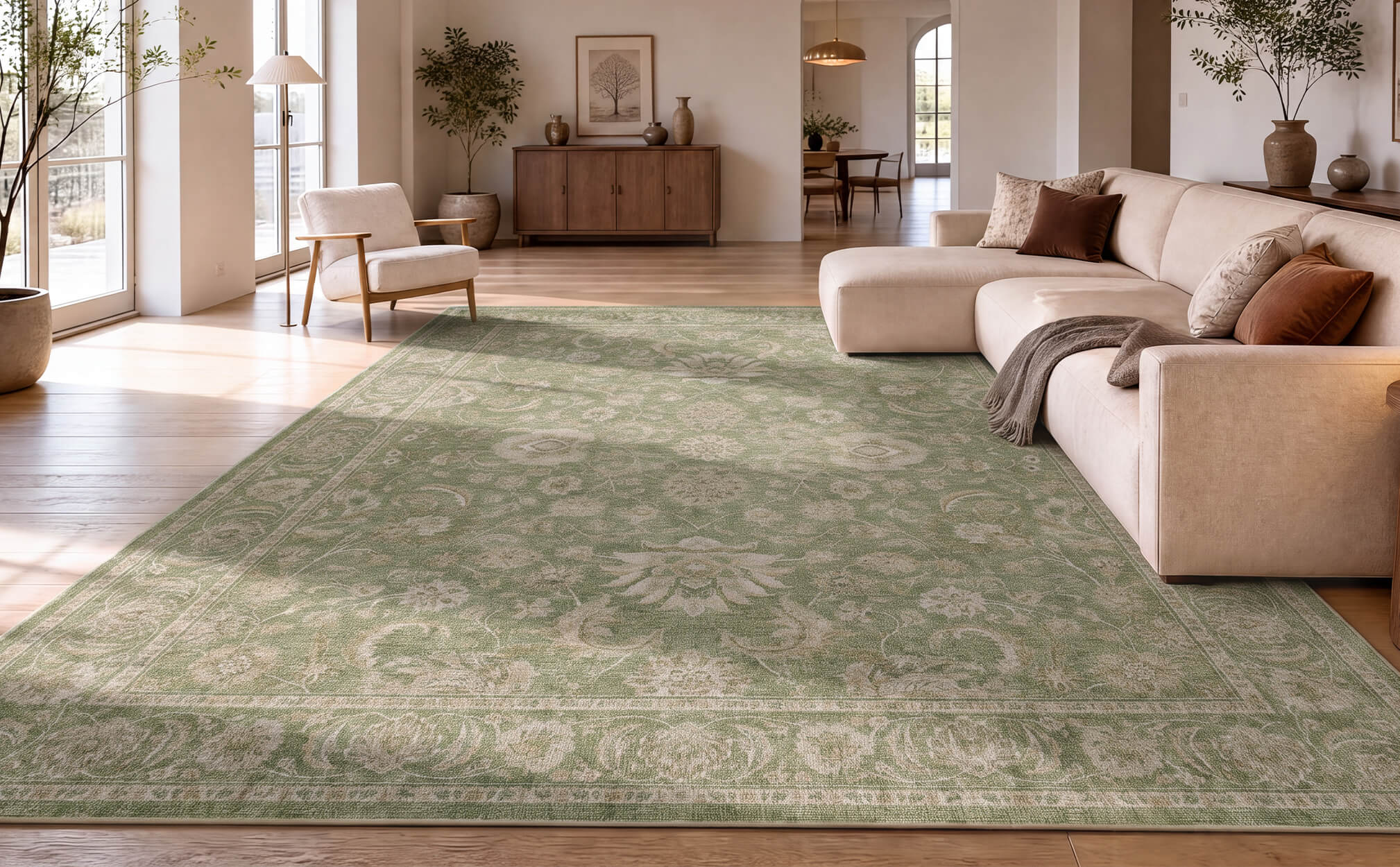 A sage green vintage washable area rug with a soft distressed ornamental pattern anchors a wide living room scene with a sectional sofa, warm wood floors, natural light, and cozy neutral decor.