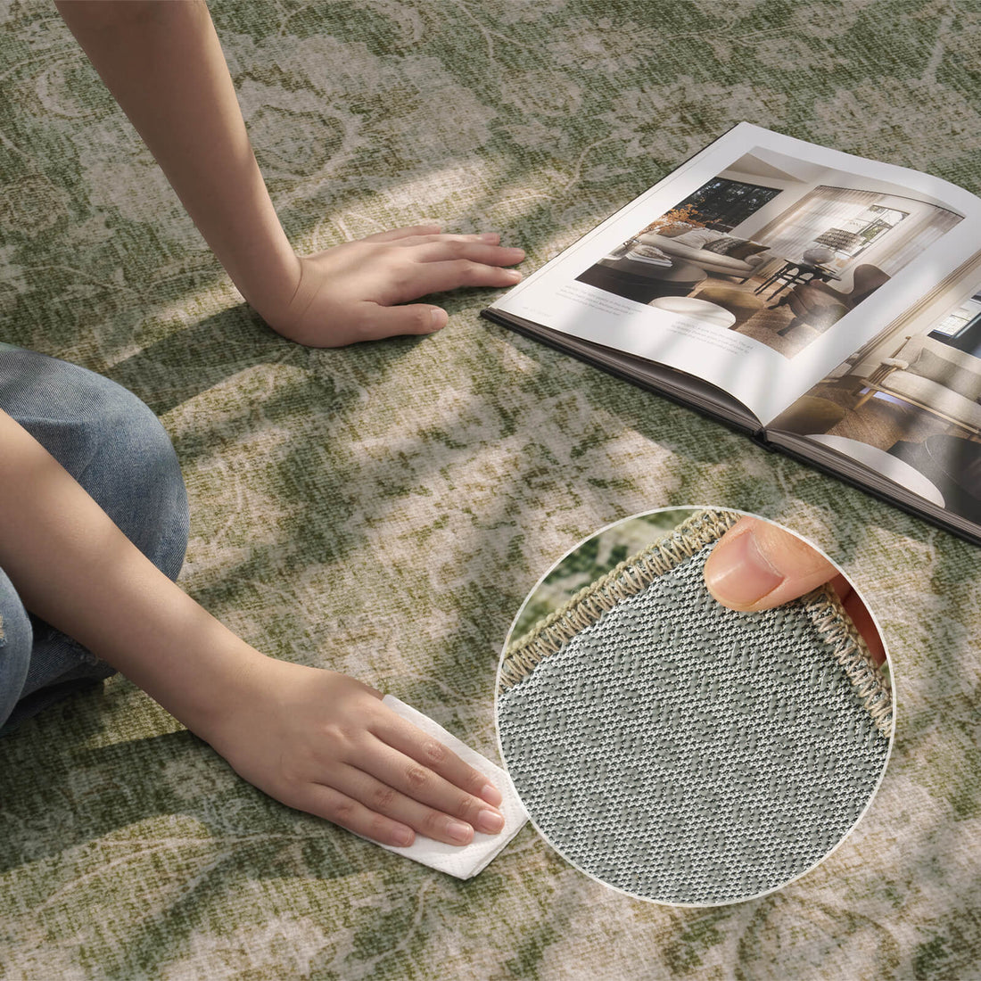 A sage green vintage washable area rug is shown being wiped clean, highlighting its soft low-pile surface, easy-care design, and textured backing detail for busy living rooms, bedrooms, and family spaces.
