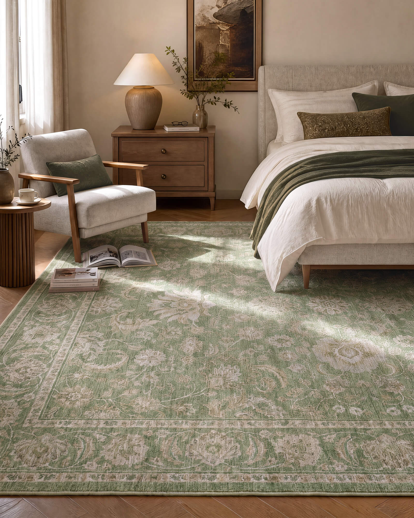 A sage green vintage washable rug with a soft ornamental border pattern adds calm color and timeless charm to a cozy bedroom with wood furniture, neutral bedding, and warm natural sunlight.