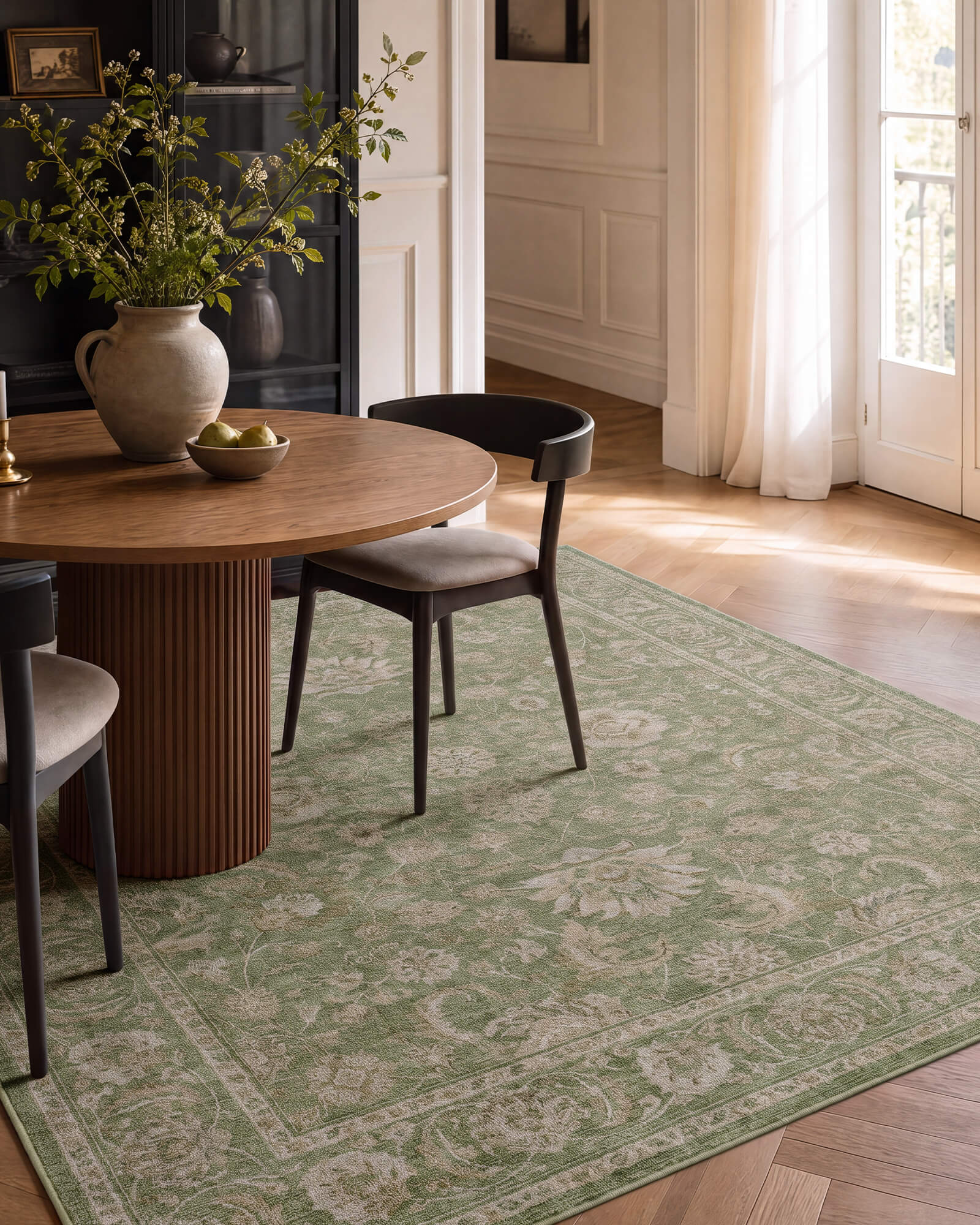 A sage green vintage washable rug with a soft distressed ornamental pattern adds calm color to a dining room with a round wood table, black chairs, warm sunlight, and refined natural decor.