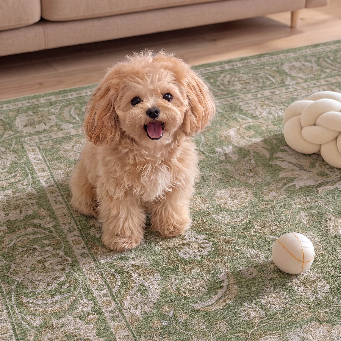 A sage green vintage washable rug creates a soft pet friendly space for a small dog, featuring an ornamental border pattern, cozy low-pile texture, and easy-care style for everyday family rooms.
