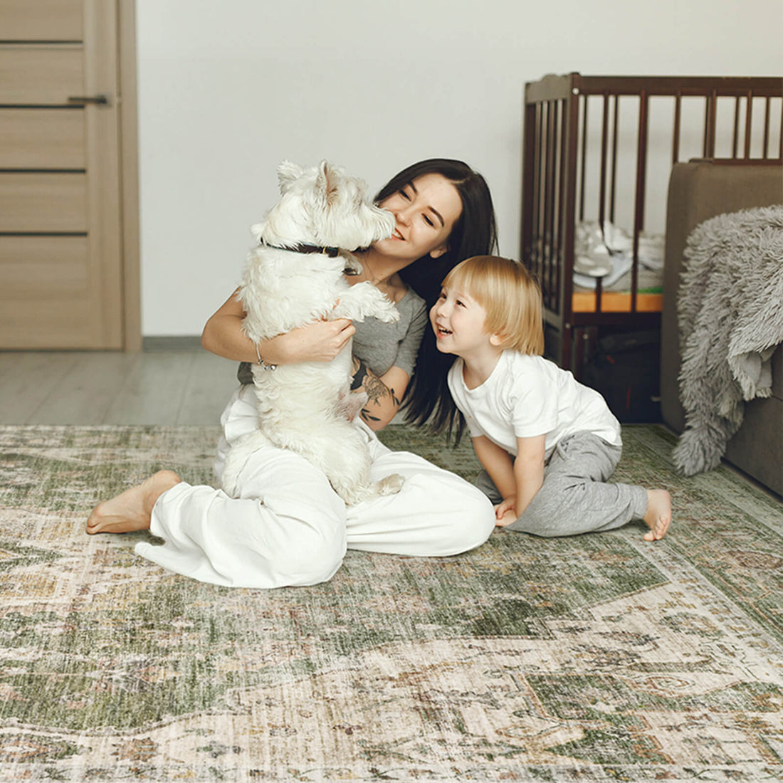 Selene olive green washable area rug with pet and kid friendly seuface, water proof and machine washable.