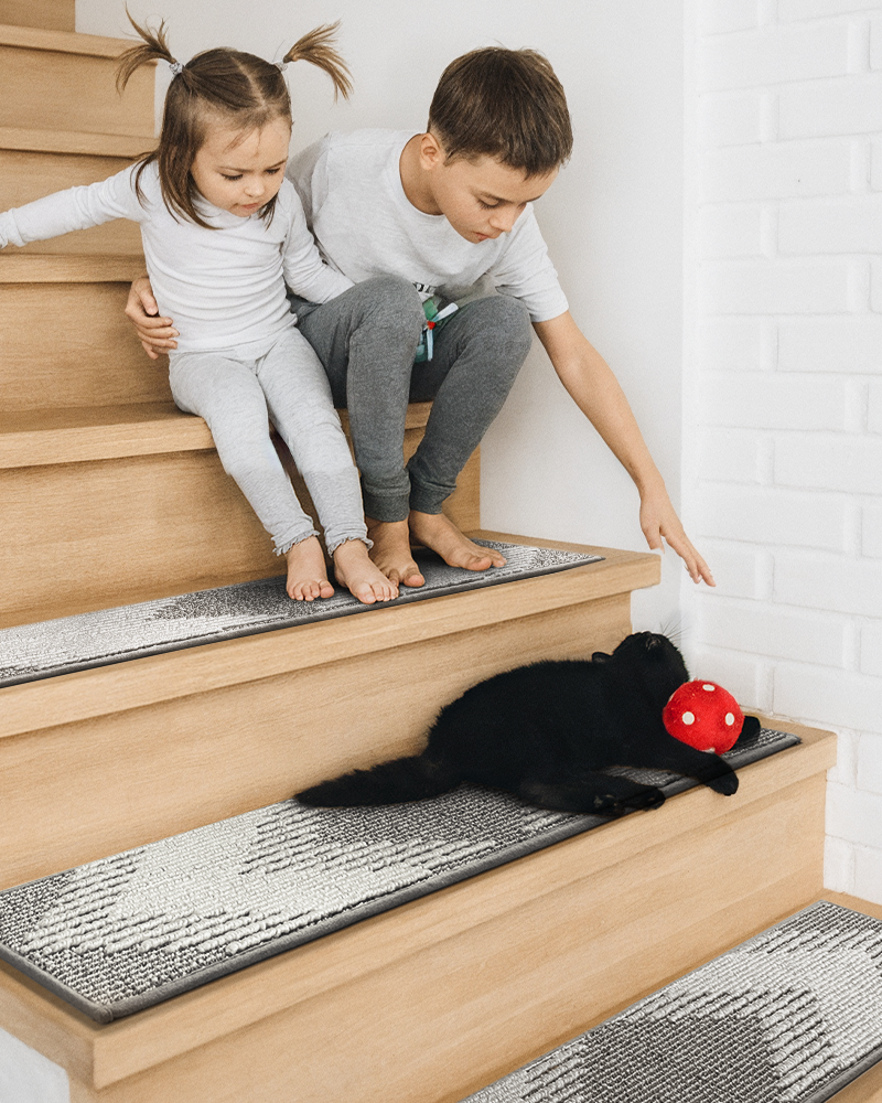 Self adhesive stair treads that stay firmly in place on indoor wooden stairs while protecting surfaces from damage or sticky residue
