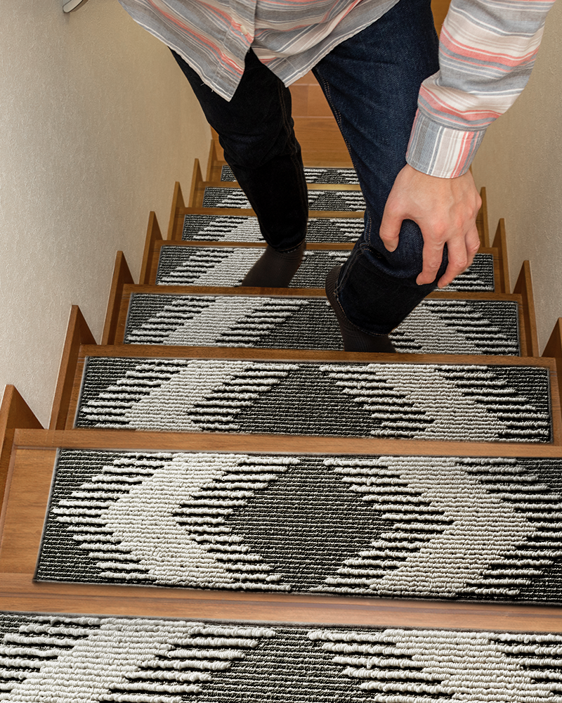Soft washable adhesive stair treads for family-safe stairways.