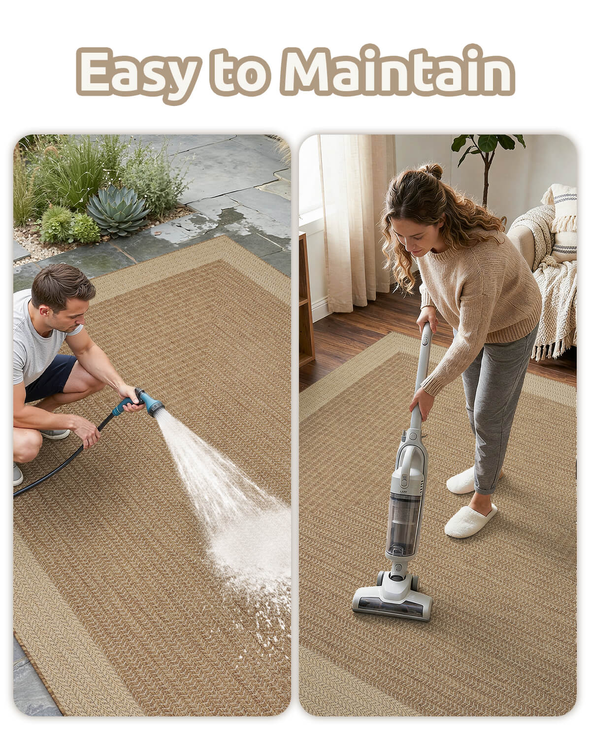 Indoor outdoor rug with breathable quick dry surface ideal for everyday indoor and outdoor use