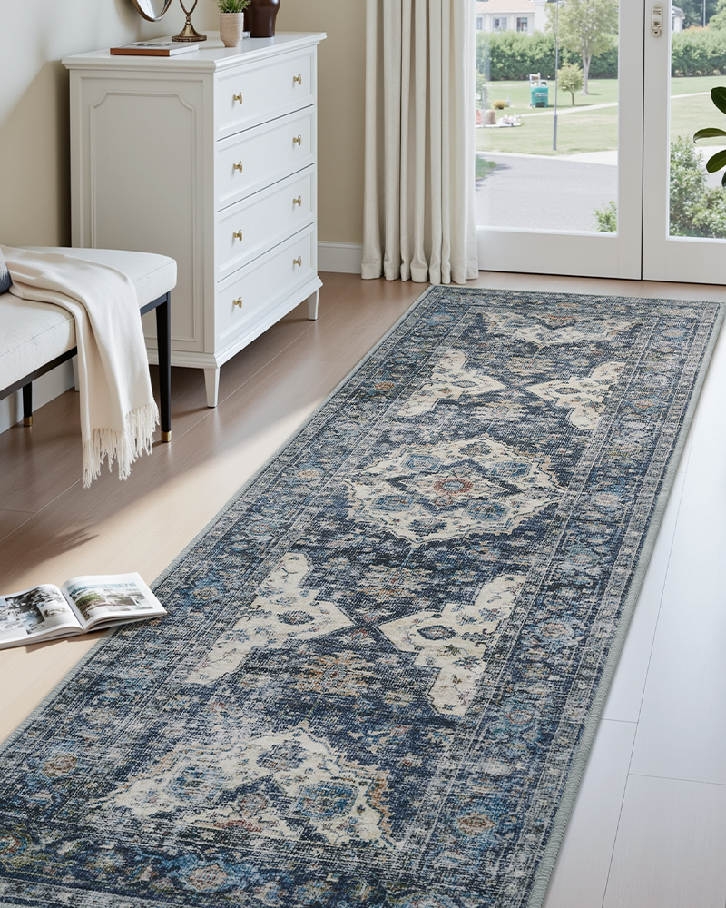 Warm neutral rug with vintage texture for modern living room decor.