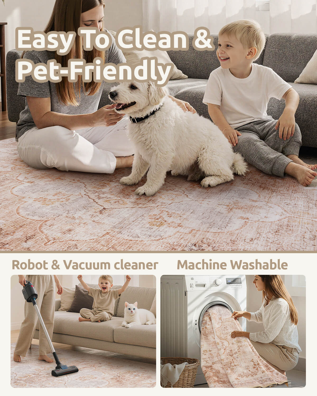 Washable boho vintage rug made for busy family rooms and easy cleaning