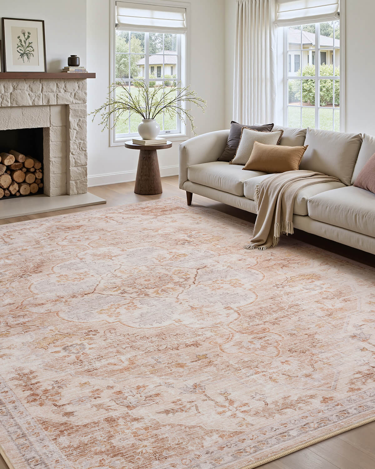 Vintage boho area rug balancing classic charm with modern functionality