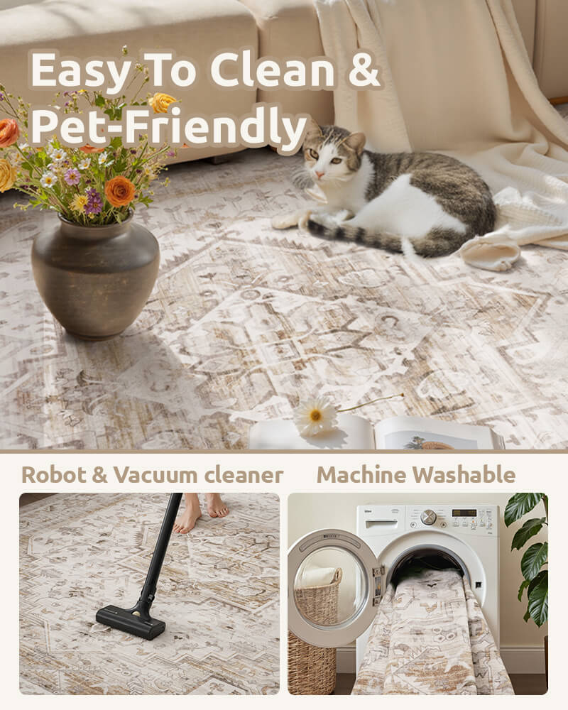 Washable boho rug designed for kid and pet friendly homes