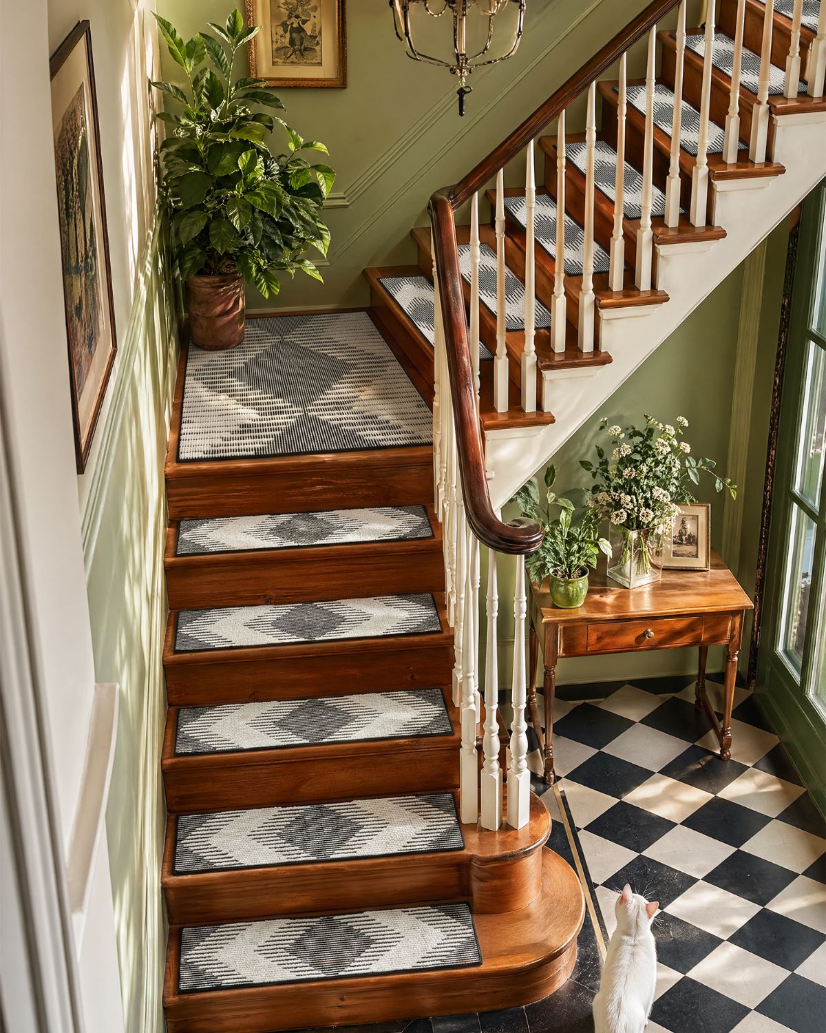 These stair treads add a clean geometric look to the staircase with a non slip washable surface that helps make daily movement safer for kids and pets.