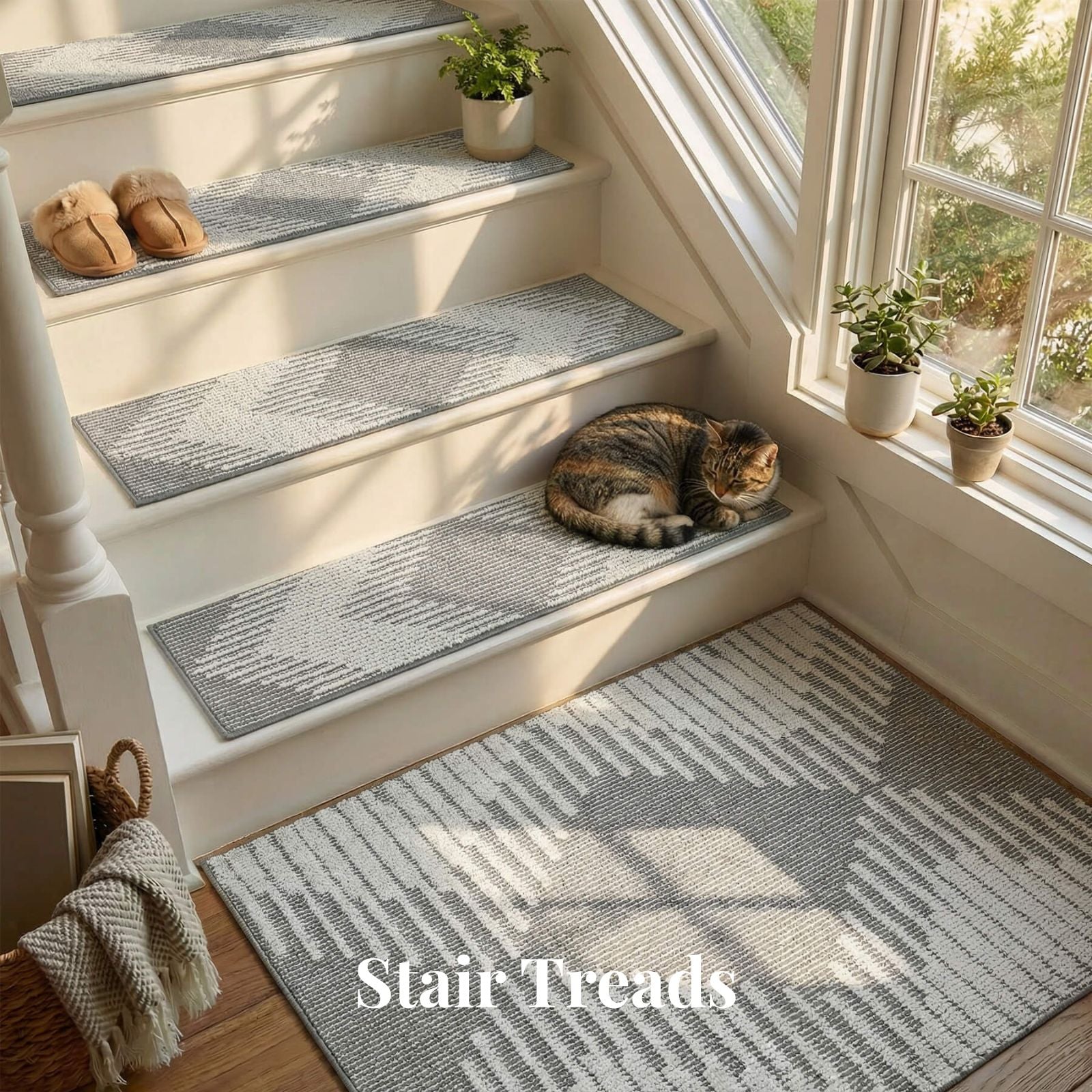 These stair treads add a clean and cozy look to bright entryway stairs with a non slip washable surface that helps make everyday steps safer for kids and pets.