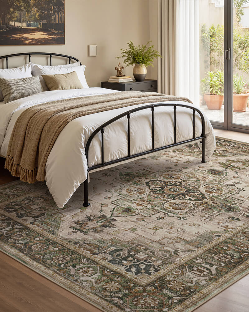 Bohemian area rug designed for layered interior styling