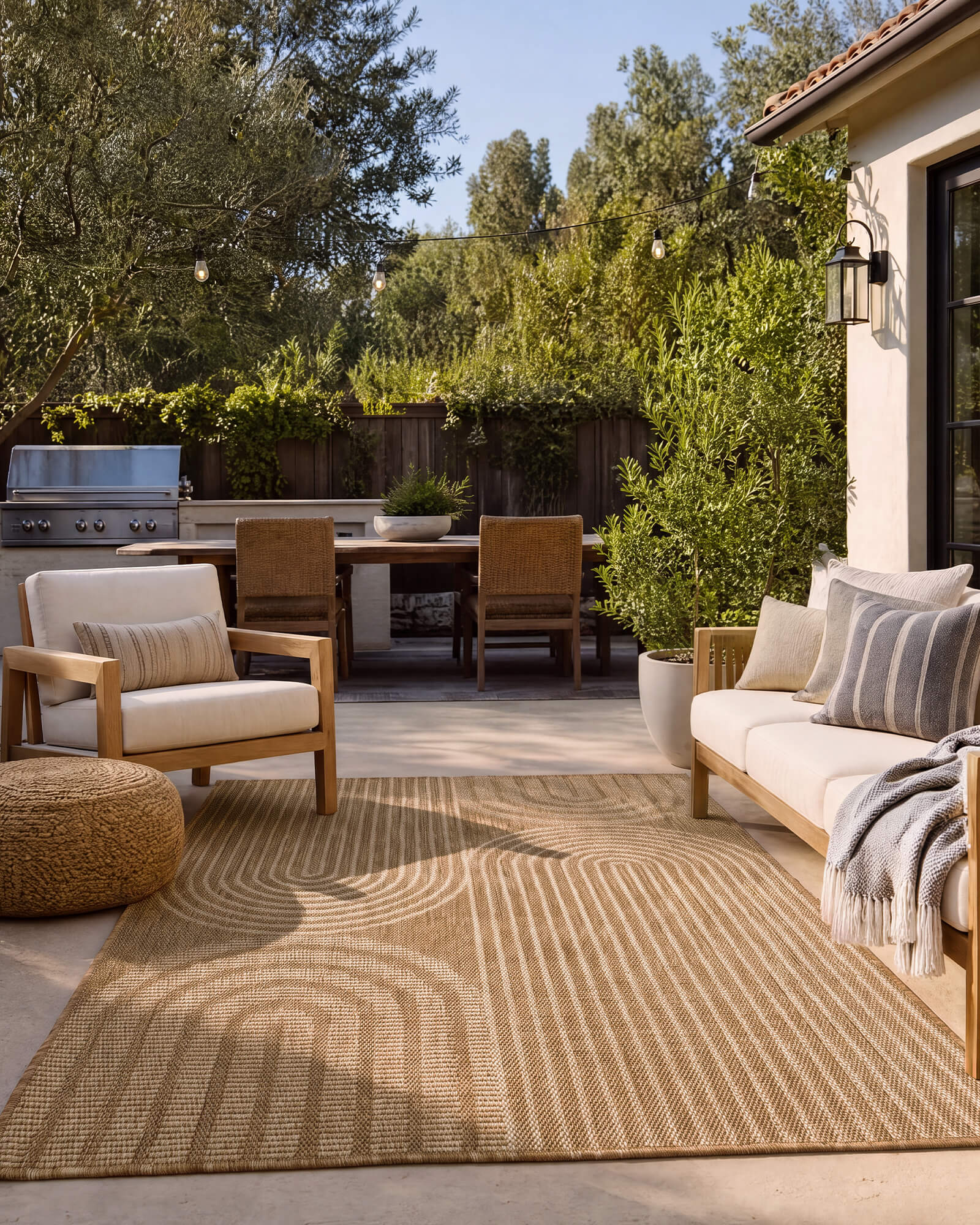 A tan abstract outdoor rug with a geometric arch pattern adds modern texture to a backyard patio lounge with outdoor seating, greenery, string lights, and warm weather-resistant decor.