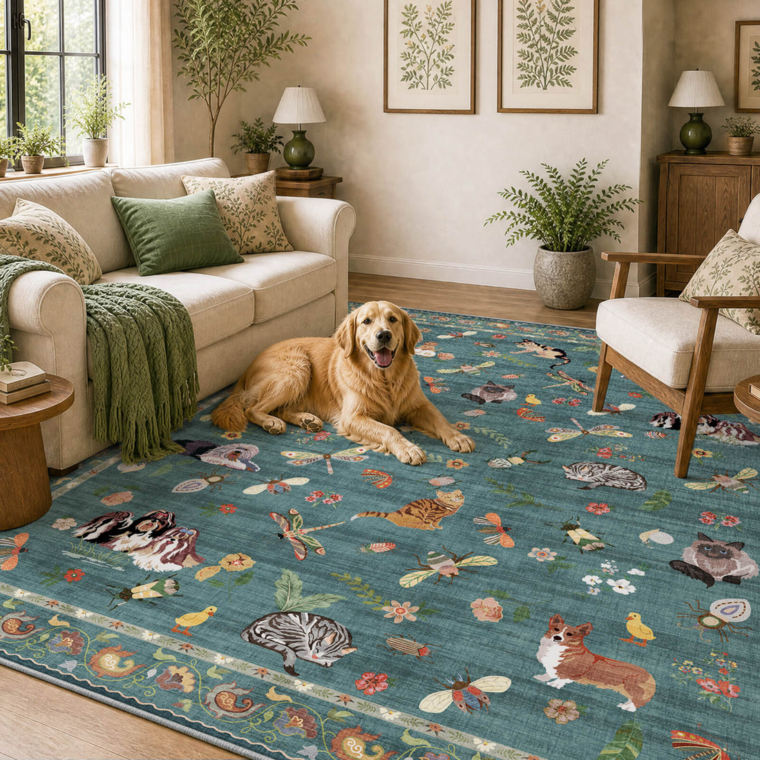 A teal soft kids area rug with cute animal, butterfly, and floral patterns creates a cheerful dog friendly living room space, offering gentle comfort, playful style, and a cozy surface for children’s playrooms, bedrooms, and family areas.