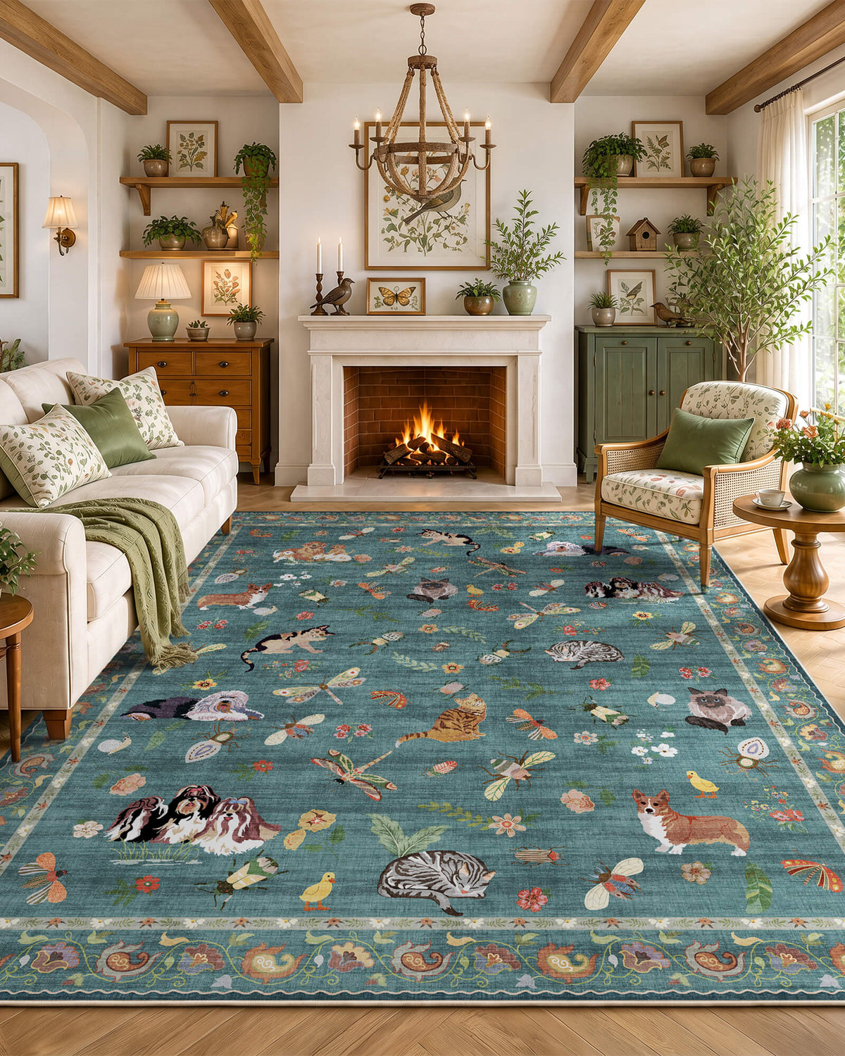 A teal soft kids area rug with cute animal, butterfly, and floral patterns brings playful comfort to a cozy fireplace living room, creating a cheerful child-friendly space with warm wood accents and nursery-inspired decor.