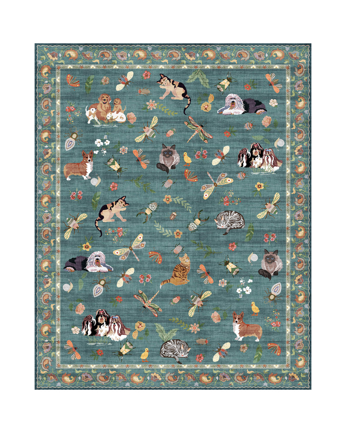 A teal soft kids area rug features cute animal, butterfly, floral, and garden-inspired illustrations with a decorative border, creating a cozy and playful surface for nurseries, playrooms, and children’s bedrooms.
