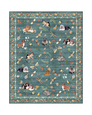 A teal soft kids area rug features cute animal, butterfly, floral, and garden-inspired illustrations with a decorative border, creating a cozy and playful surface for nurseries, playrooms, and children’s bedrooms.