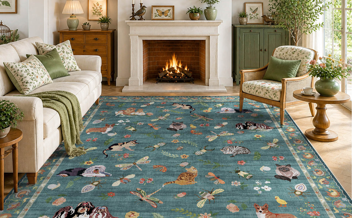 A teal soft kids area rug with cute animal, butterfly, and floral patterns adds playful comfort to a cozy fireplace living room with cream seating, green accents, warm wood furniture, and cheerful child-friendly decor.