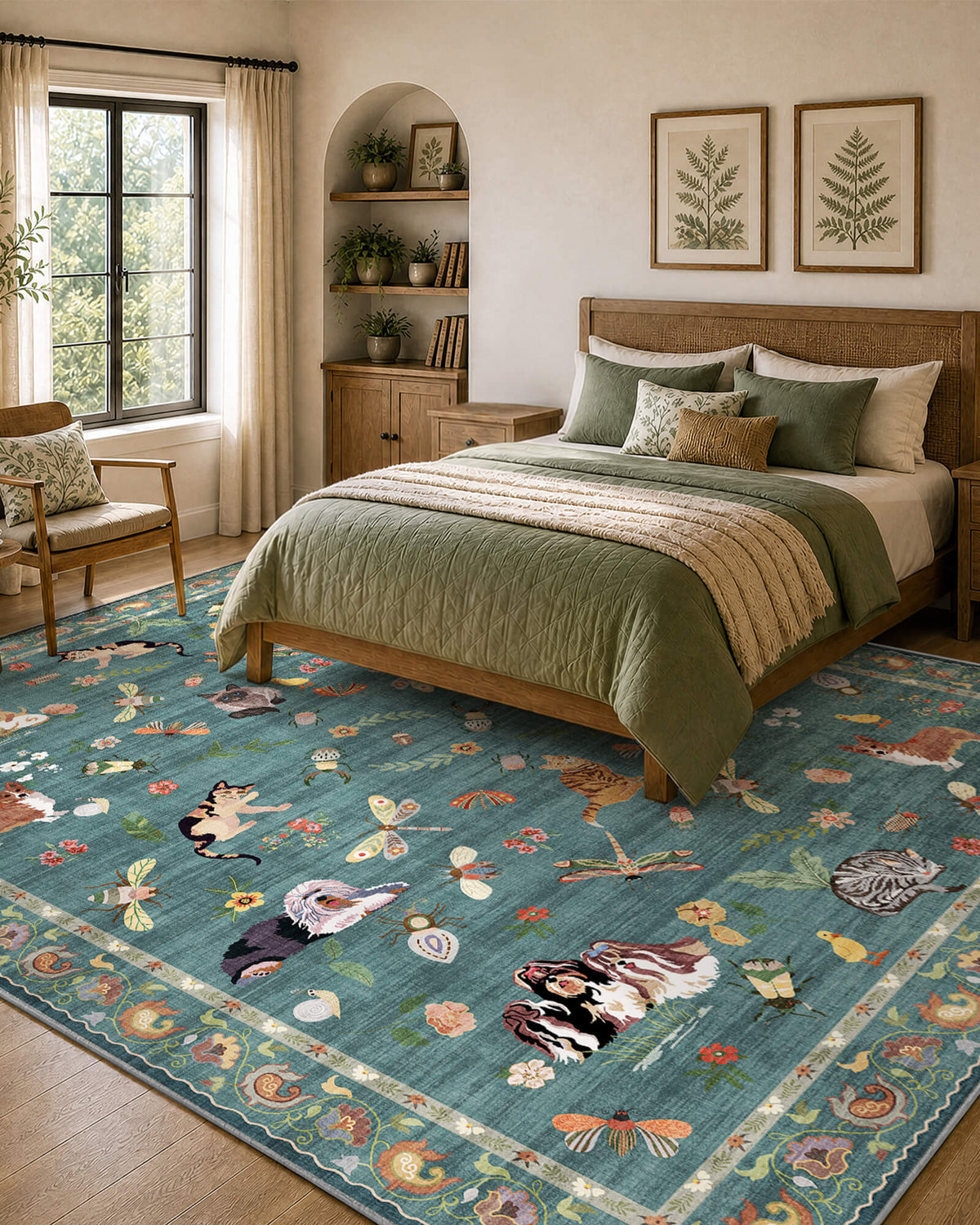 A teal soft kids bedroom rug with cute animal, butterfly, and floral patterns adds playful comfort to a child-friendly bedroom with cozy bedding, warm wood furniture, and cheerful nursery-inspired decor.