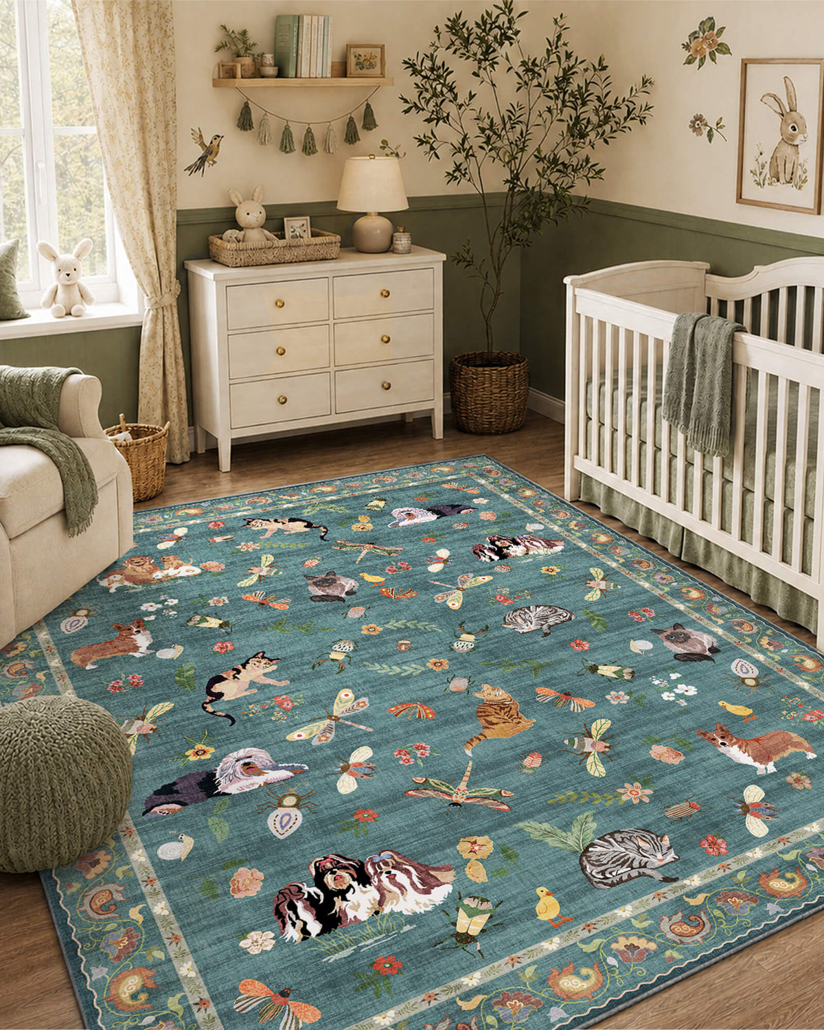 A teal soft kids nursery rug with cute animal, butterfly, and floral patterns creates a cheerful, comfortable play space for a baby room with a crib, dresser, bunny wall art, and gentle child-friendly decor.