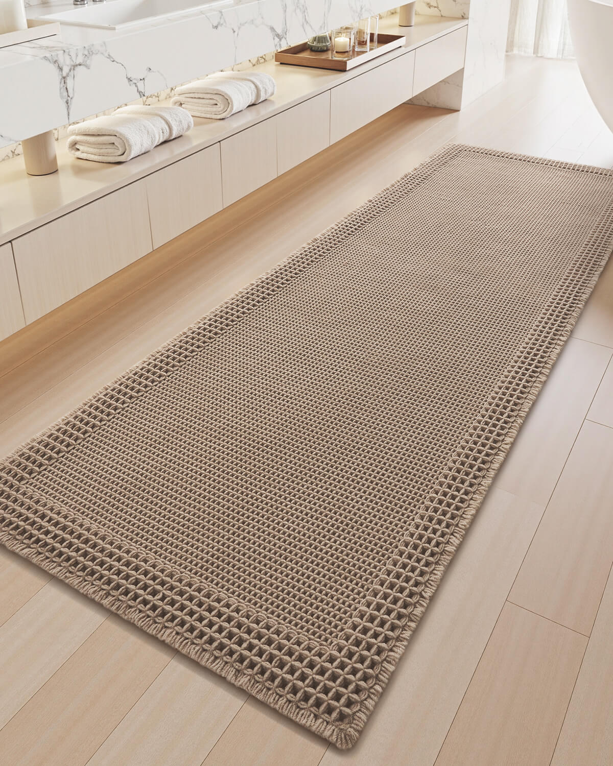 Textured bath mat with soft waffle surface for bathroom comfort and style