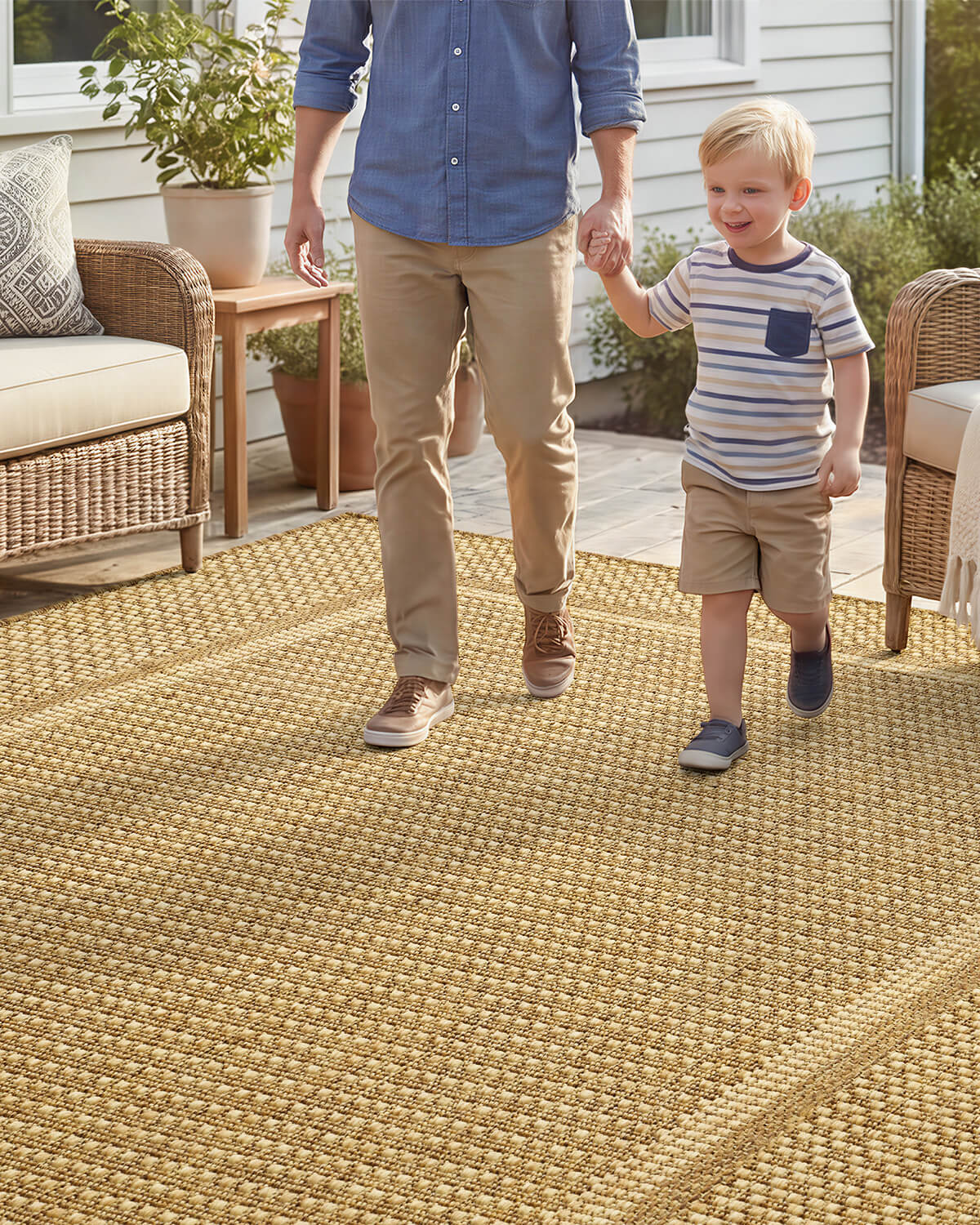 Indoor outdoor rug suitable for cozy balcony deck and home spaces