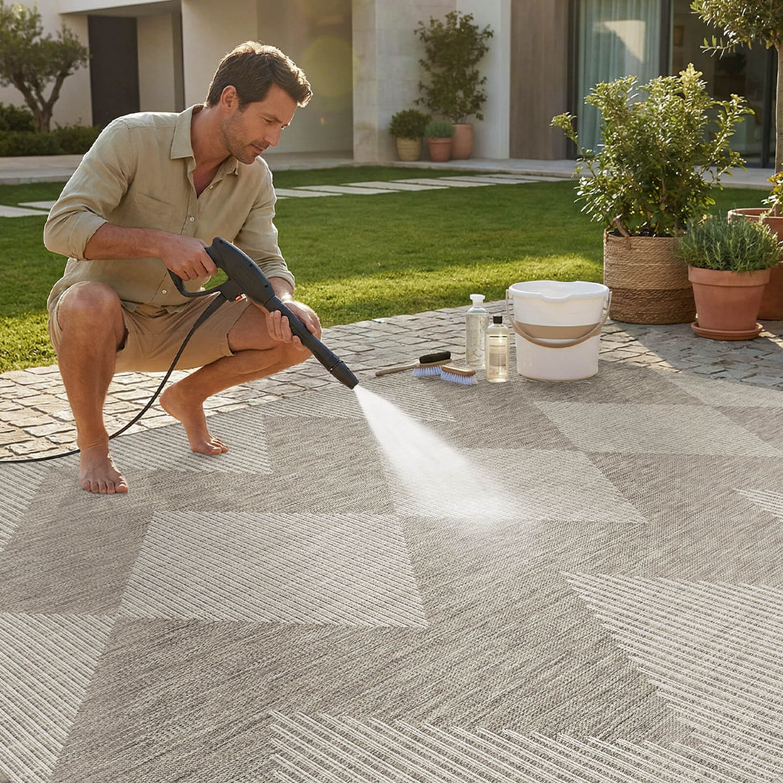 Soft textured indoor outdoor rug adding comfort to cozy indoor or outdoor spaces