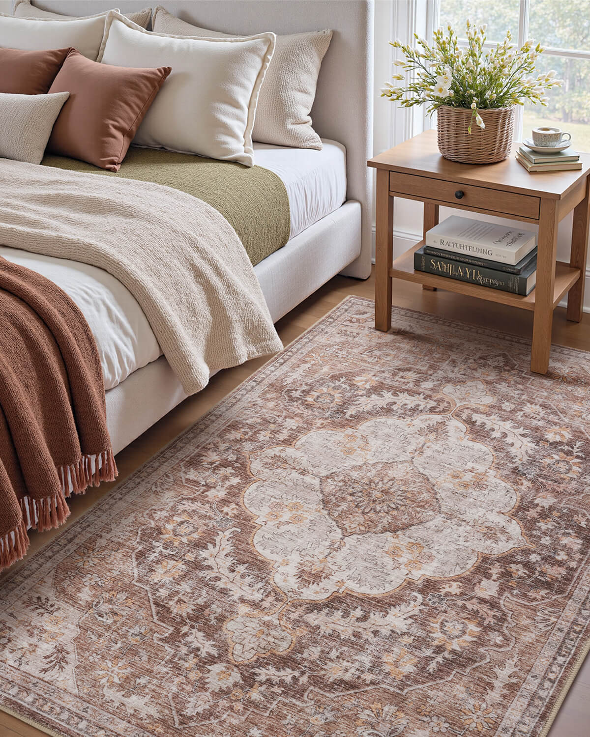 Vintage boho non-slip area rug built for family spaces with pets and daily foot traffic
