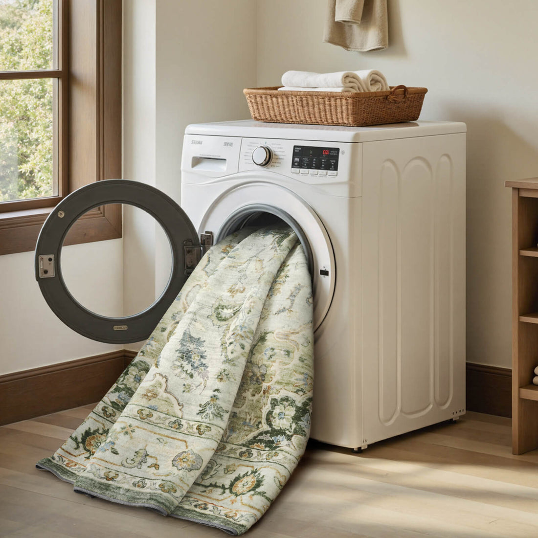 Washable botanical vintage area rug created for busy households and easy upkeep