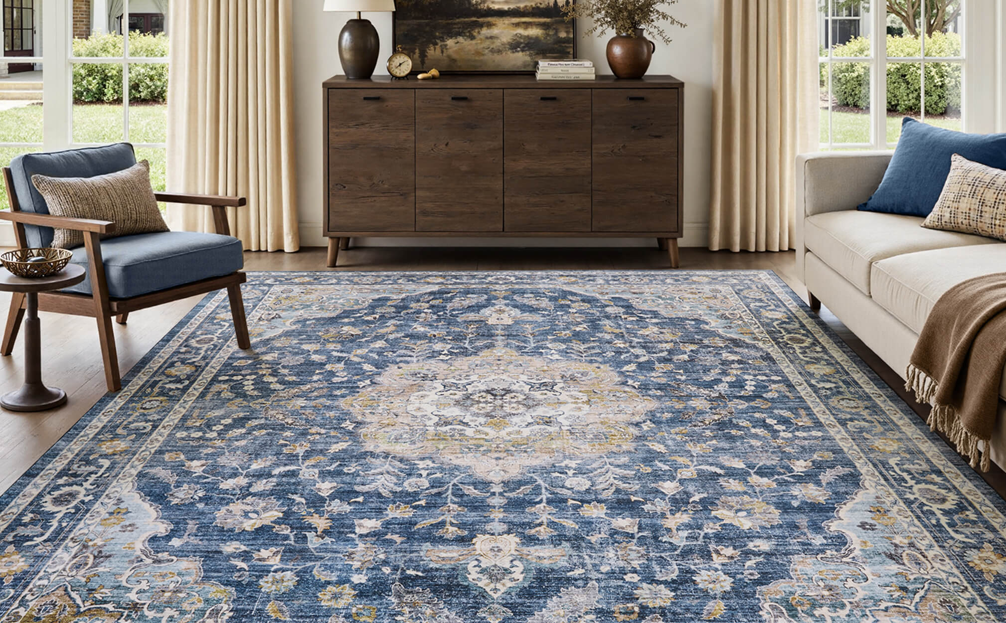 Botanical floral vintage rug built for high traffic living areas