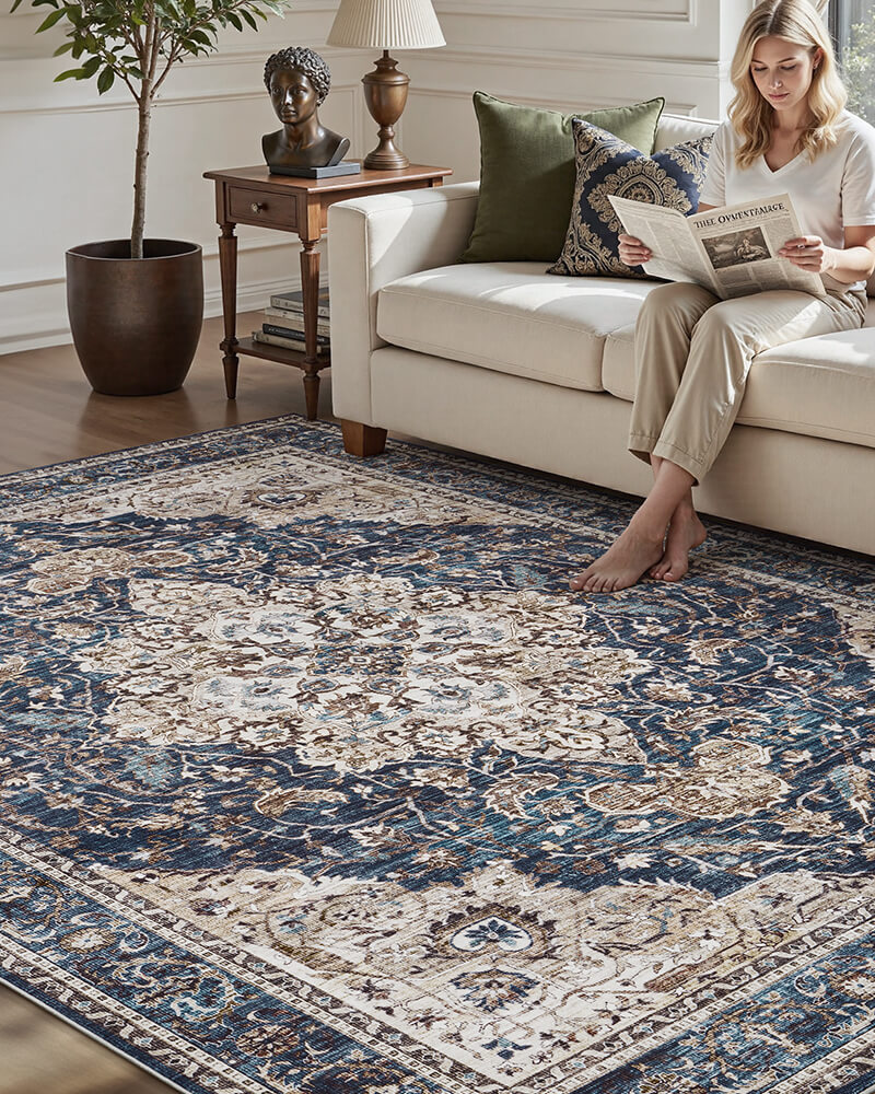 Bohemian-style rug designed for cozy, layered interiors