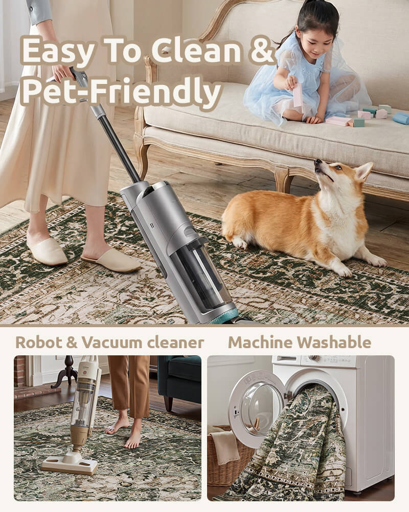 Washable boho rug created for pets and family living